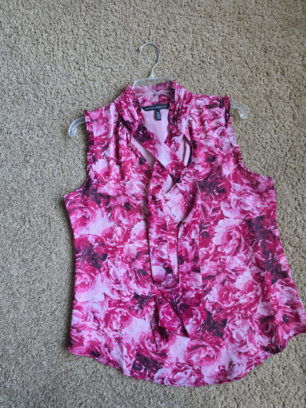 White House Black Market Pink Floral Tie-Neck Sleeveless Blouse
